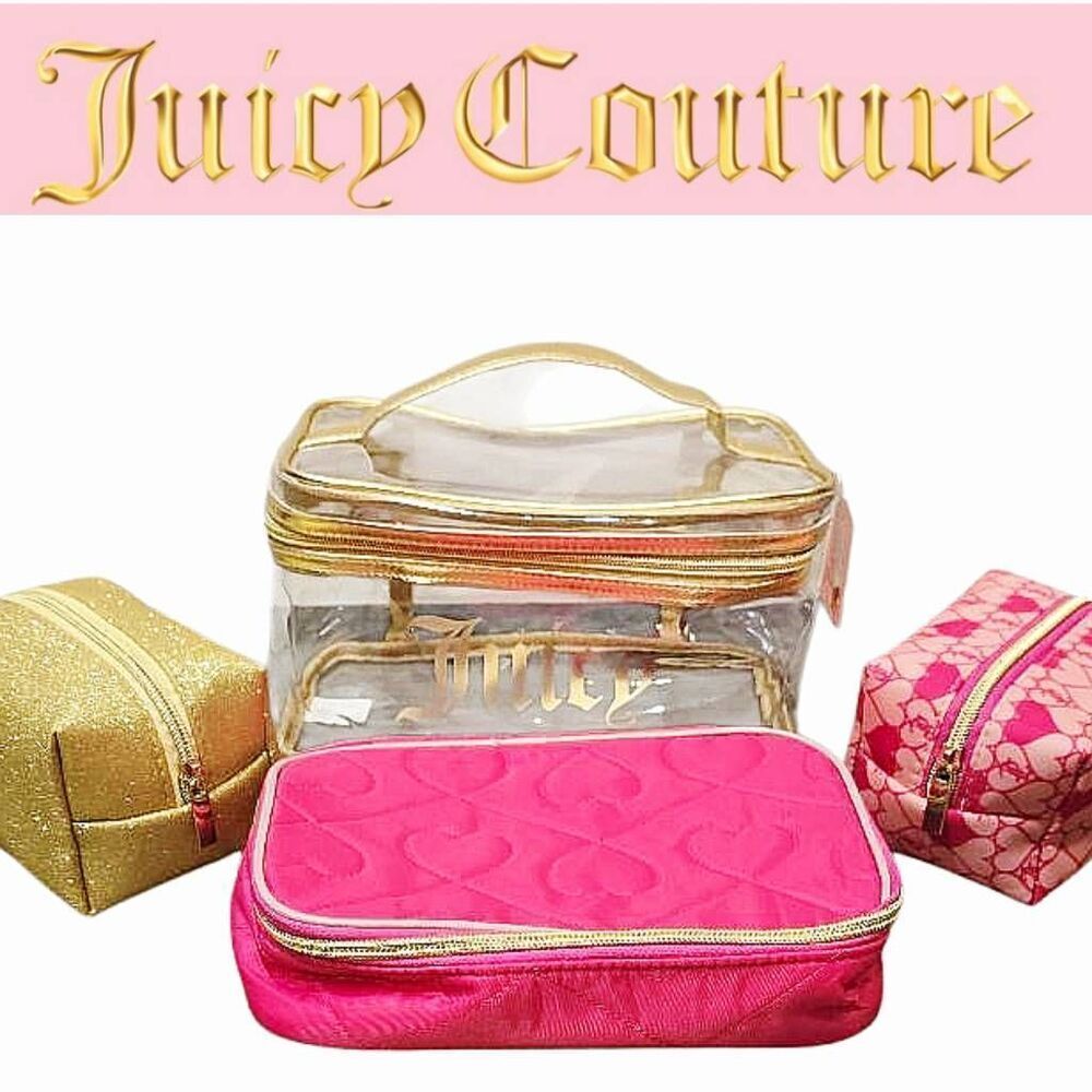 Juicy Couture 3PC Gold Glitter & Heart Quilted Cosmetic Case